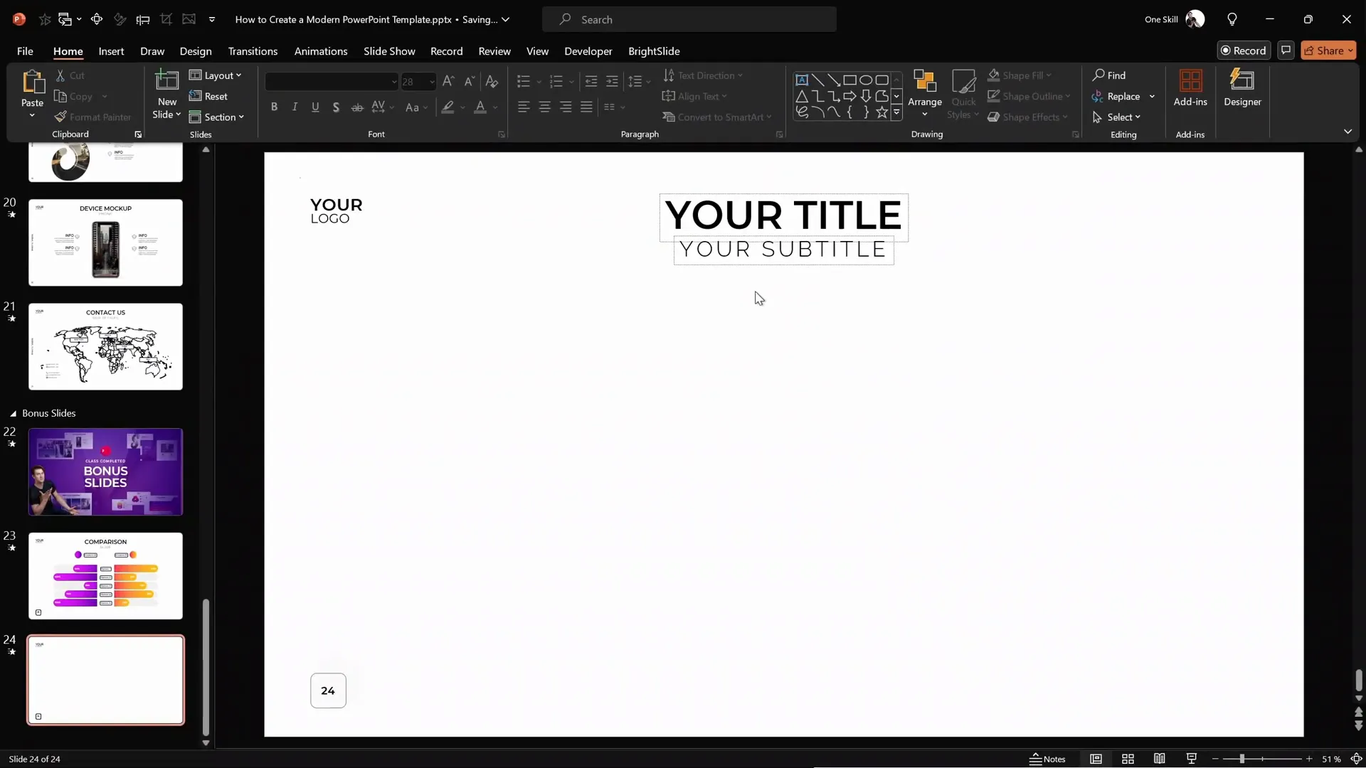 New slide with title, subtitle, logo placeholder, and custom slide number