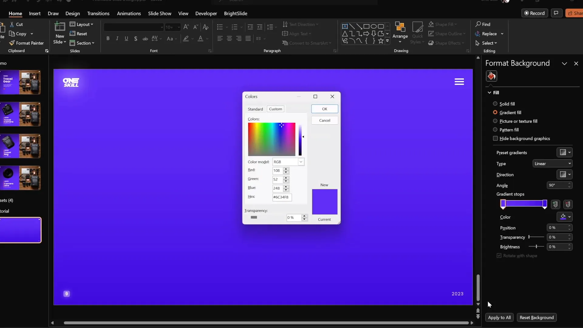Applying gradient fill with two color stops in PowerPoint