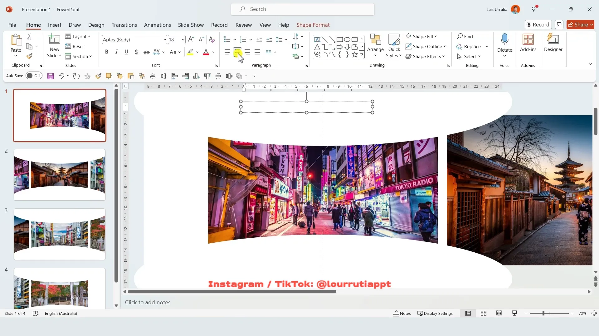 Adding and formatting text boxes for carousel slides