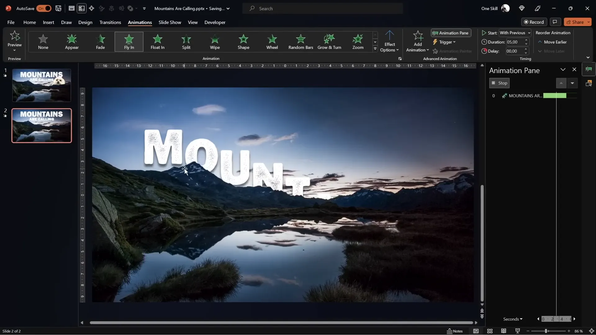 Text flying in letter by letter animation in PowerPoint