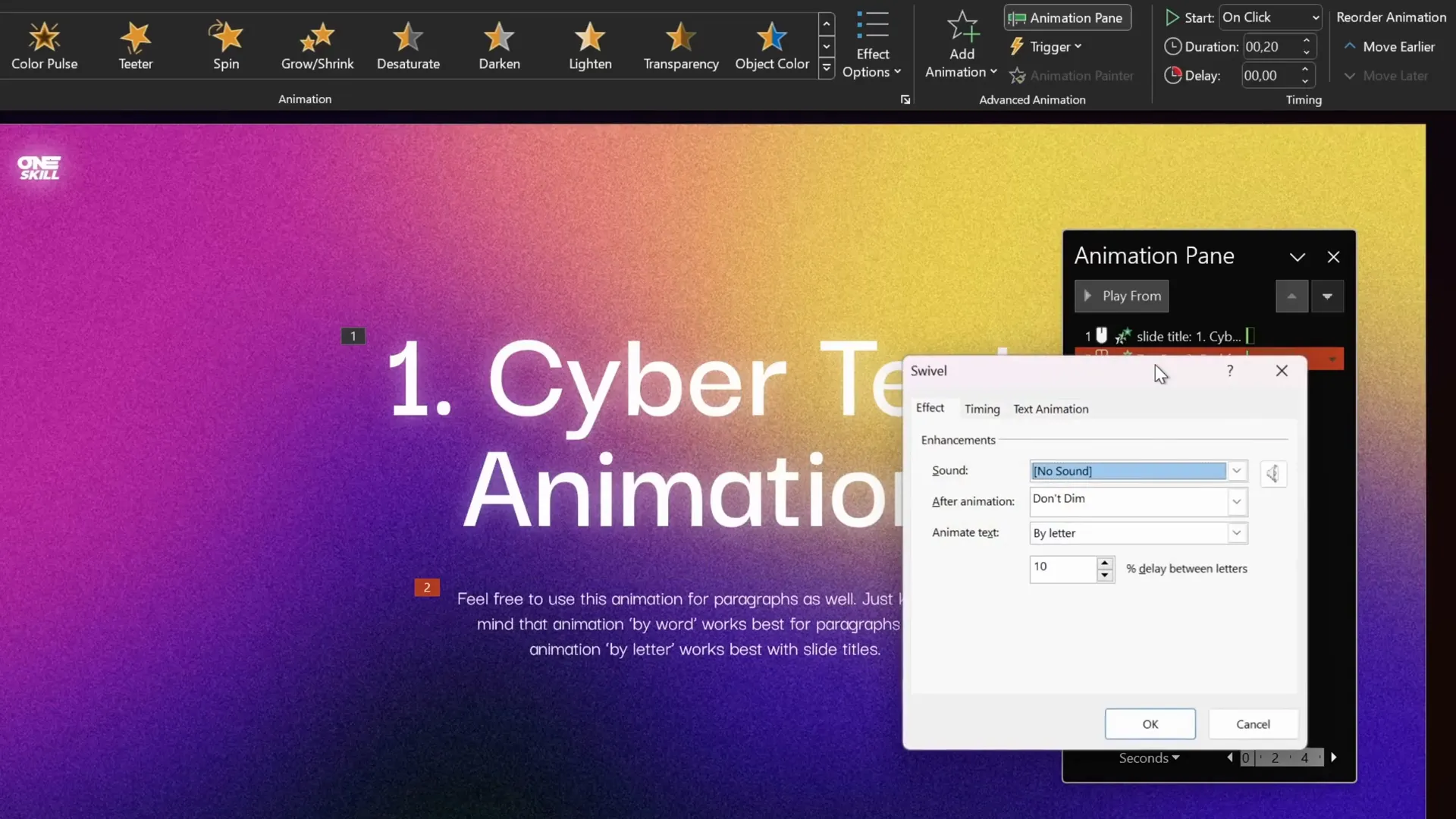 Swivel animation options set to animate text by letter with delay