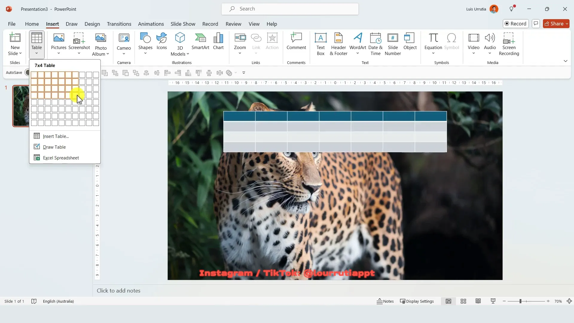 Inserting a 7 by 5 table in PowerPoint