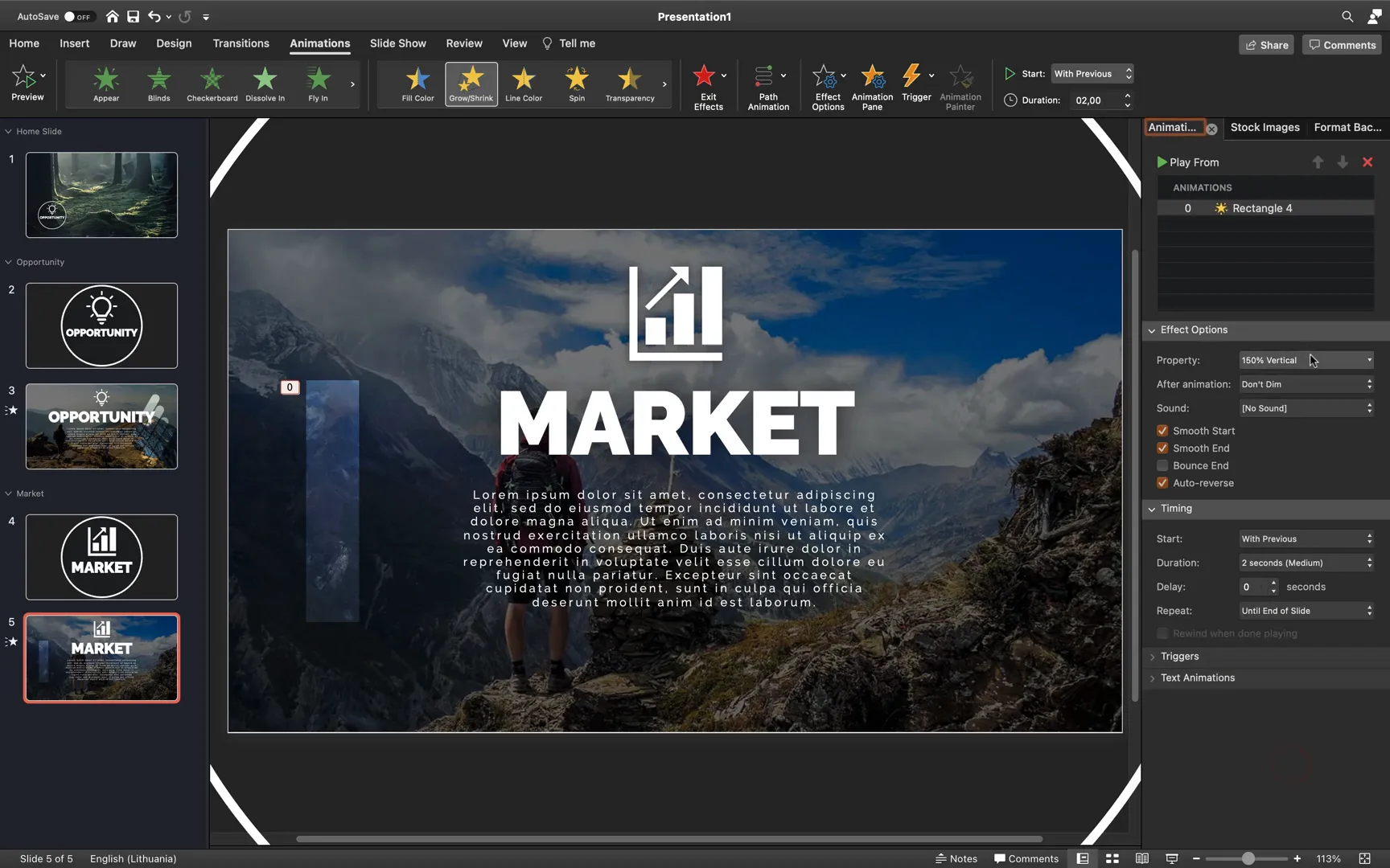 Creating and animating vertical growing rectangles on Market slide