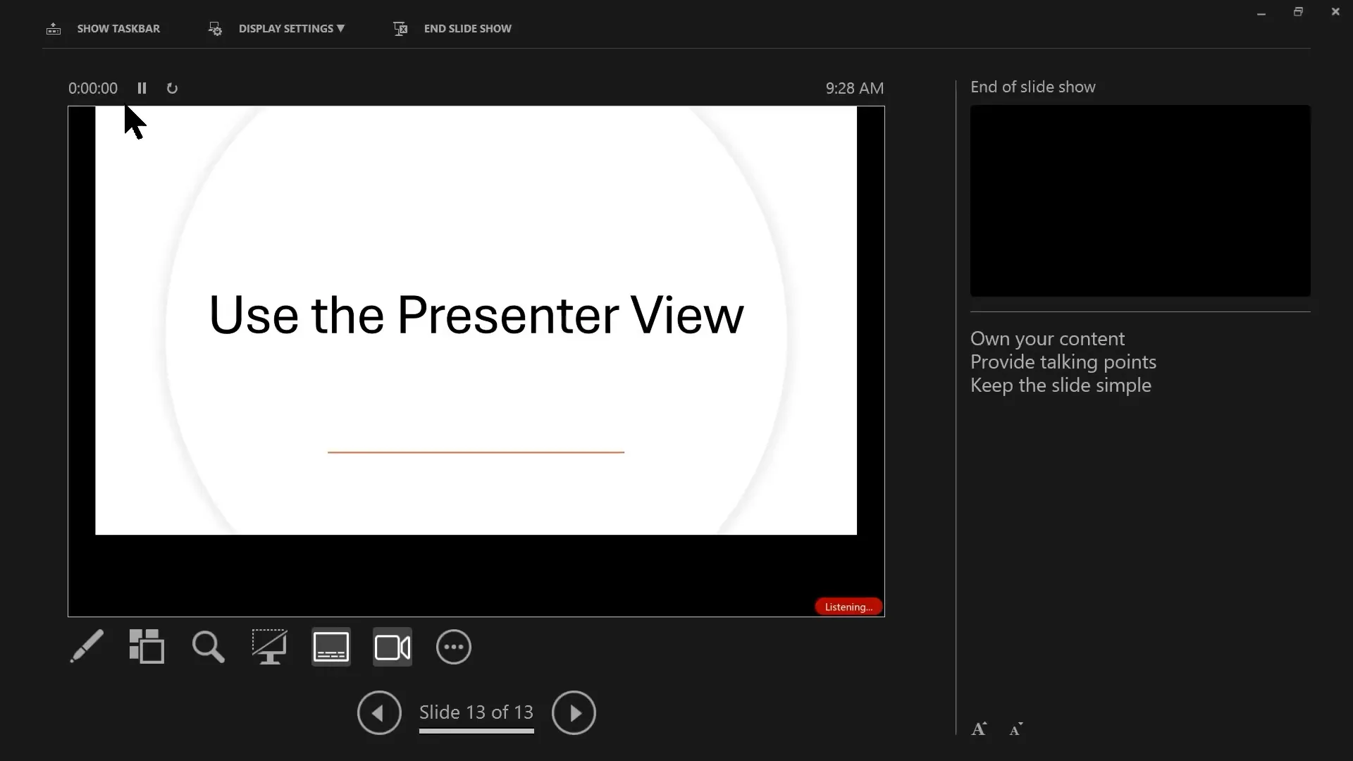 Presenter View with notes and subtitles enabled