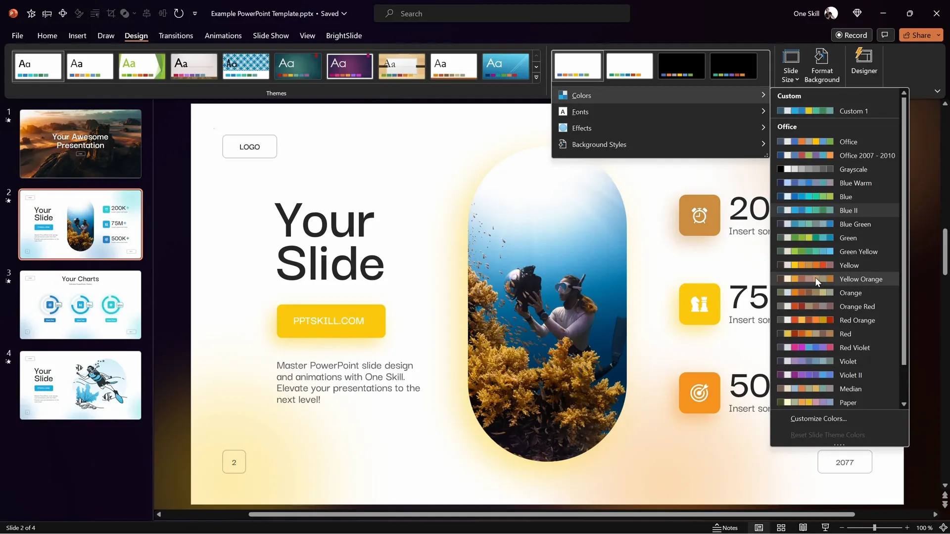 Customizing color palettes in PowerPoint design tab