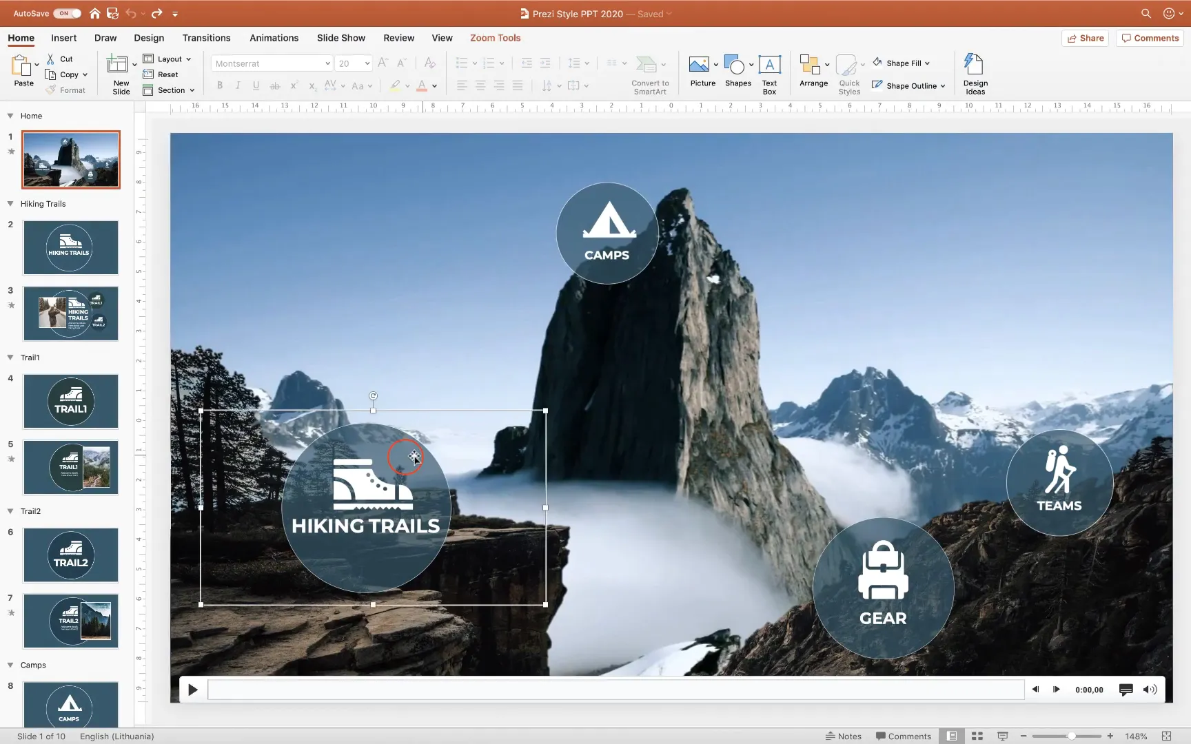 Inserting section zooms on the home slide with transparent background