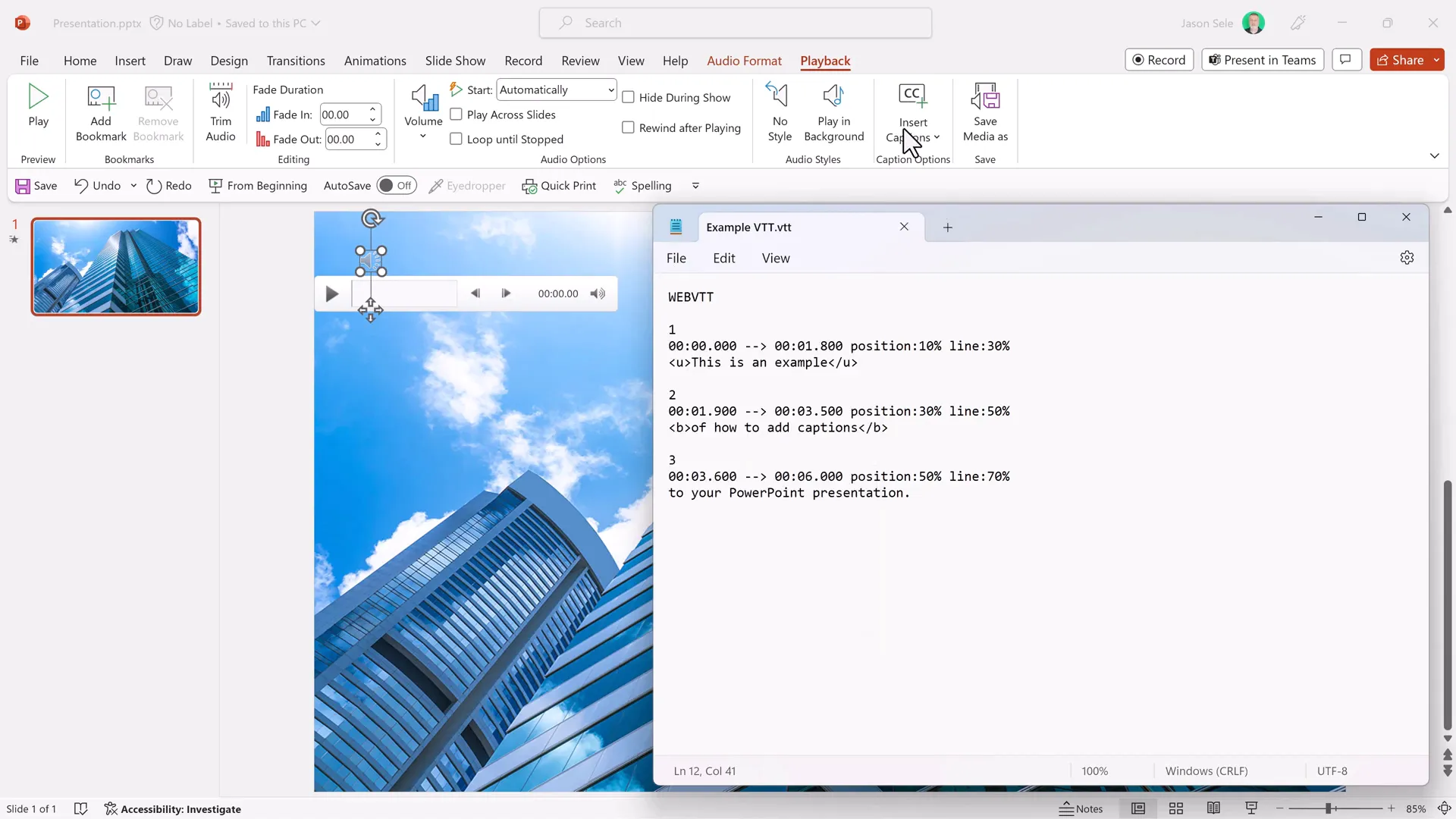 Example of styled captions in PowerPoint with bold and underline