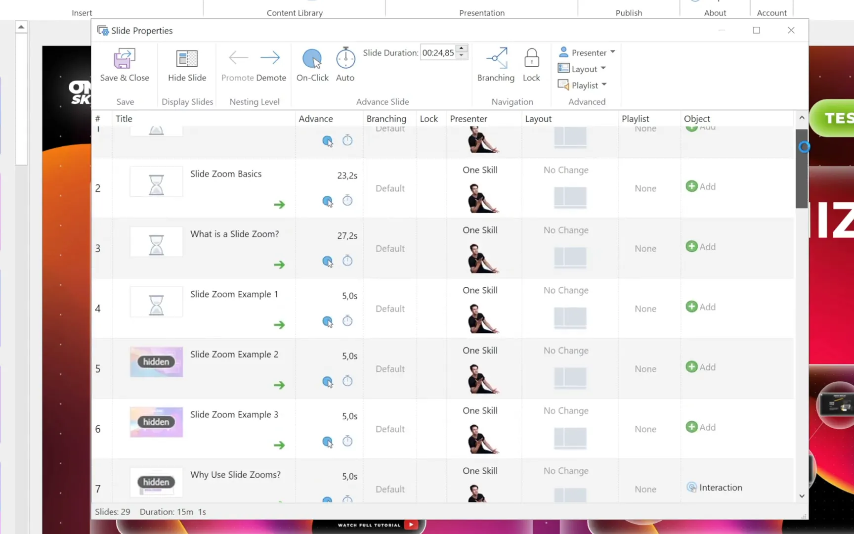 Slide properties feature to manage slide visibility and branching
