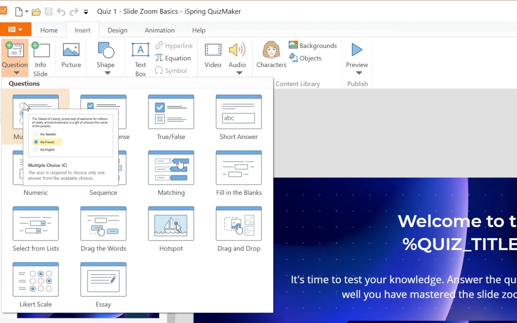 Creating quizzes with different question types in iSpring Suite 11