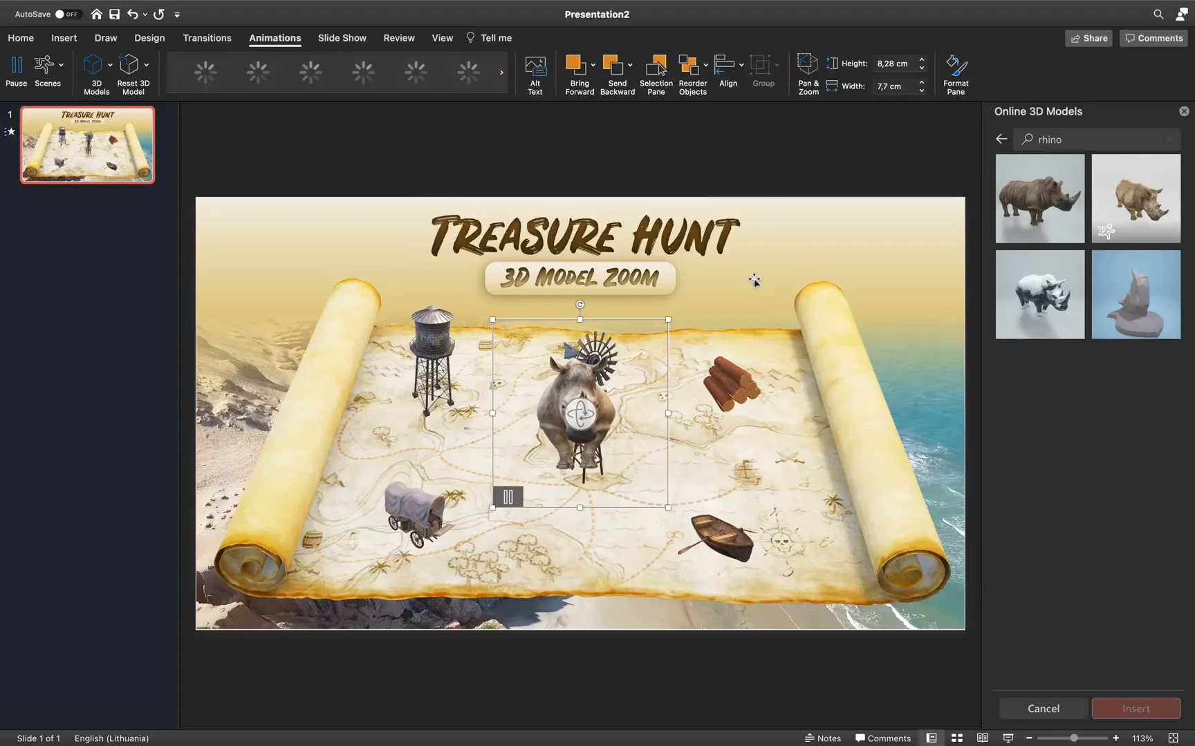 Adding various 3D models including the animated Rhino