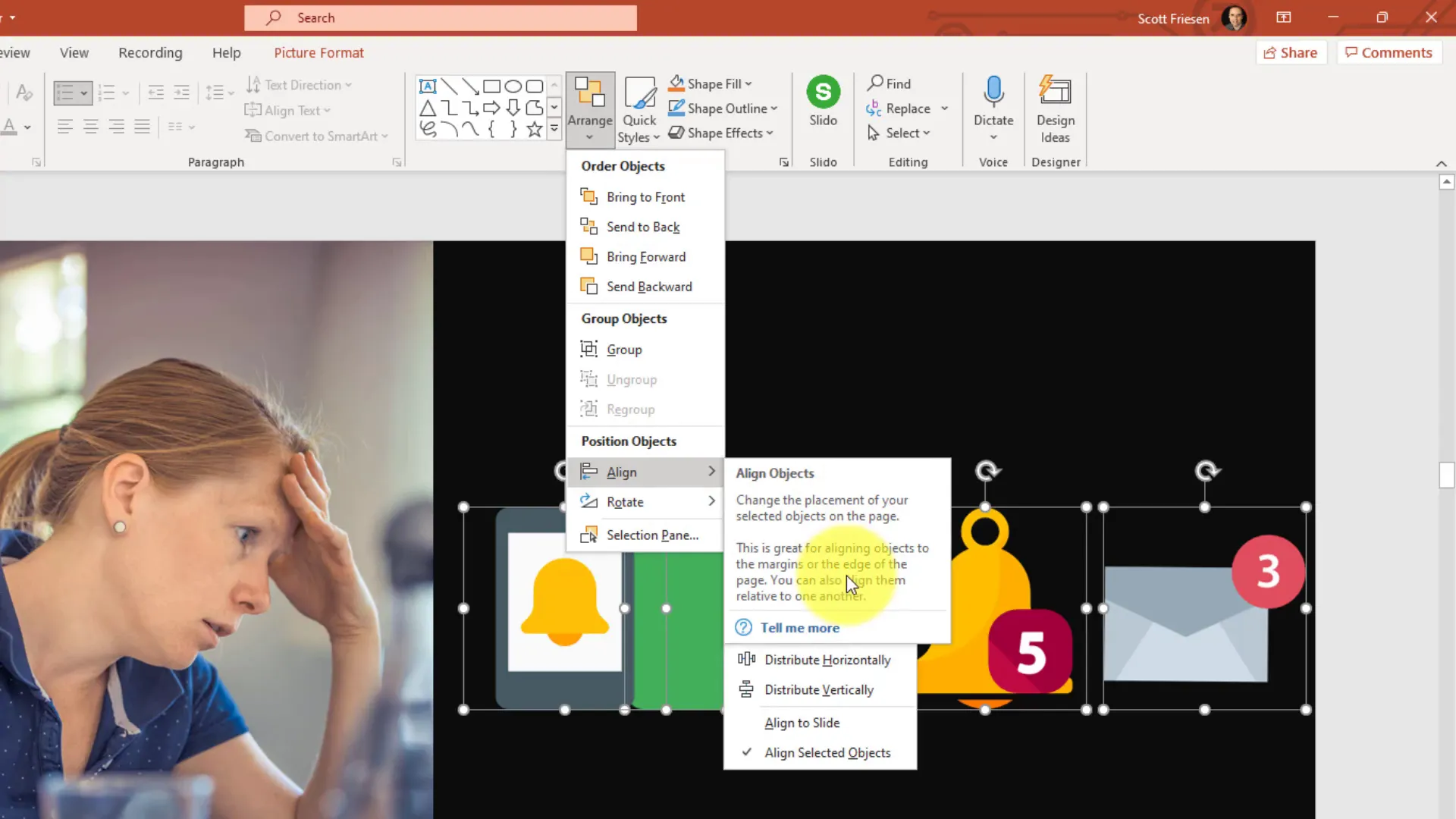 Align and distribute options in PowerPoint Arrange menu