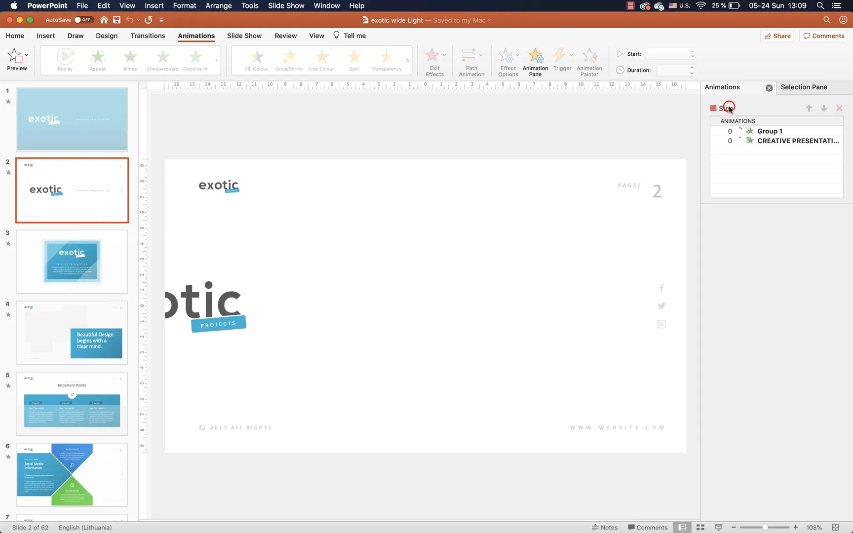 Animation pane showing all slides are fully animated