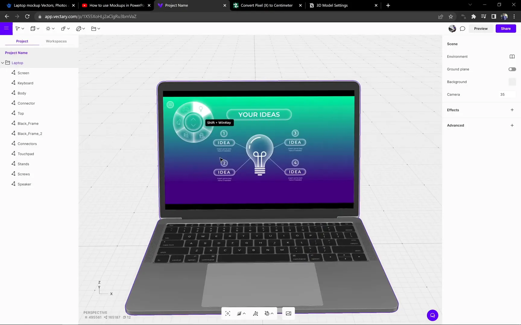 Custom image uploaded onto 3D laptop screen in Vectoree
