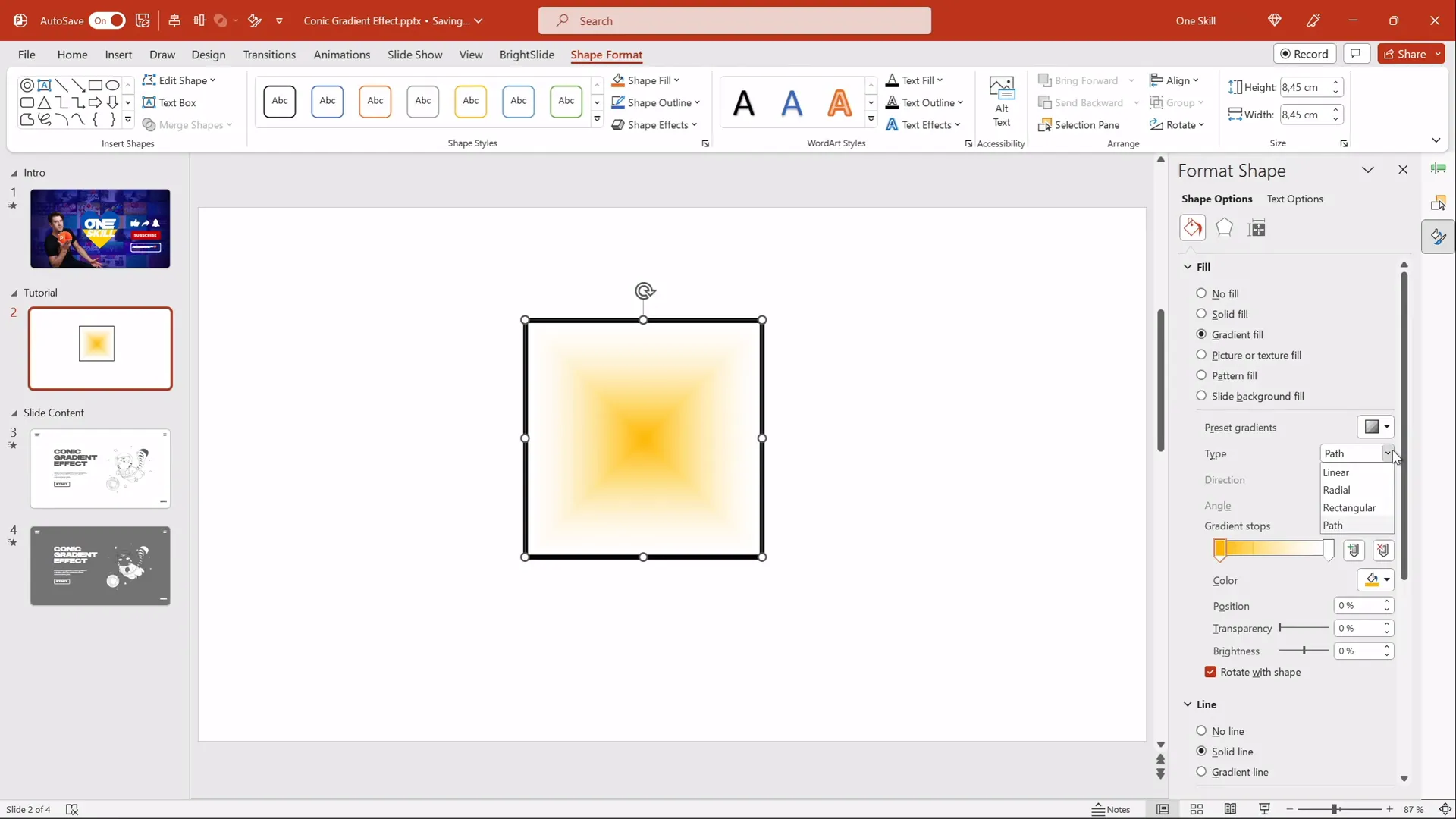 Testing gradient options in PowerPoint showing no conic gradient available