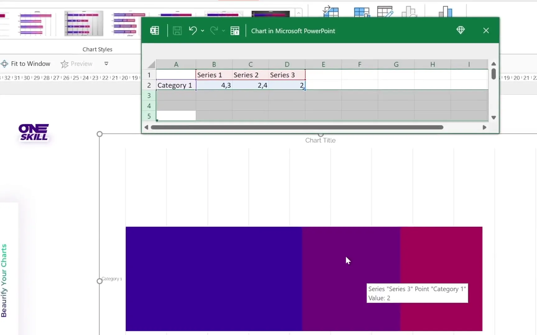 Editing Excel data for bar chart to keep only one bar and two series