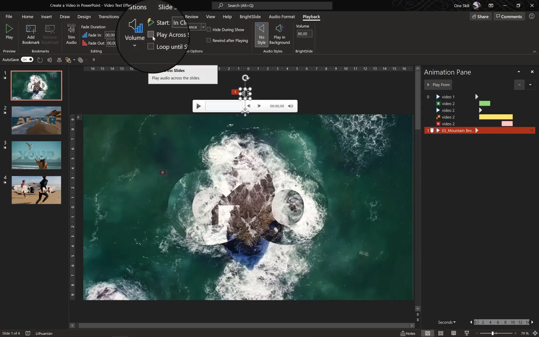 Inserting and setting audio to play across slides