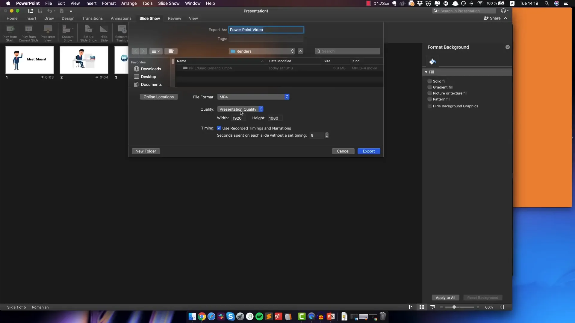 Exporting PowerPoint slideshow as video