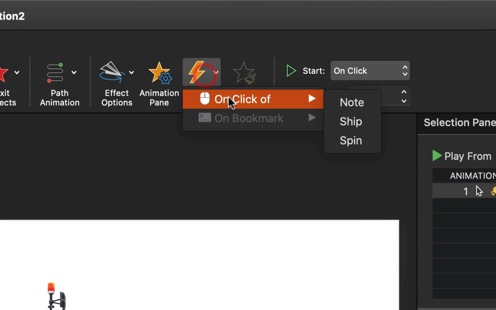 Setting up animation trigger for ship 3D model