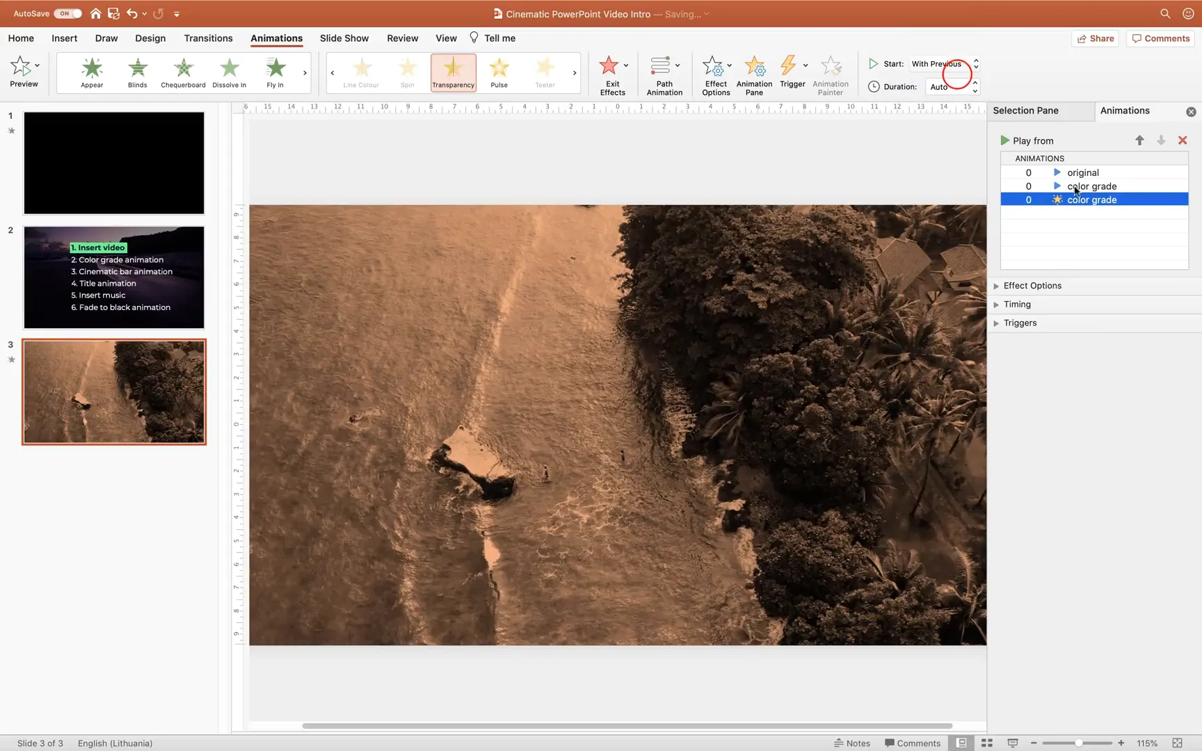 Adding transparency animation to color graded video