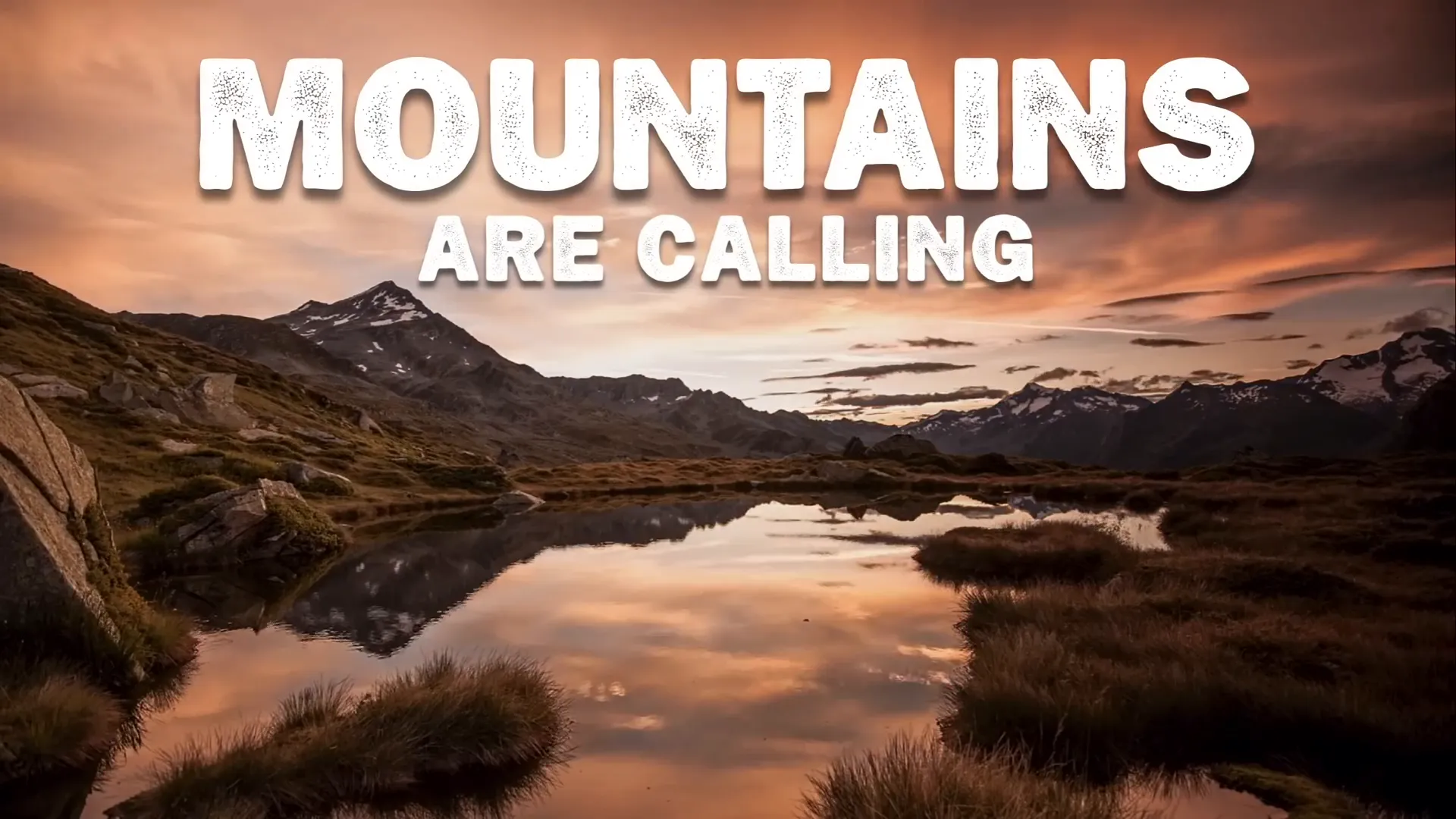 Final video effect with animated text rising from mountains
