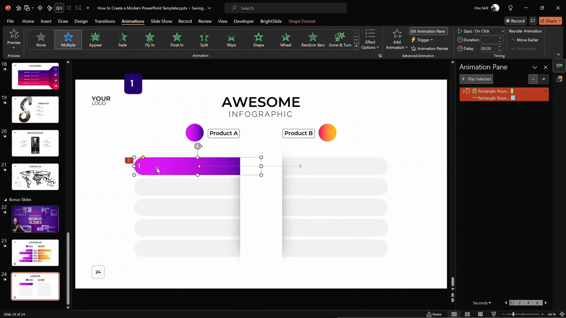 Animation settings for purple sliding bar sliding left