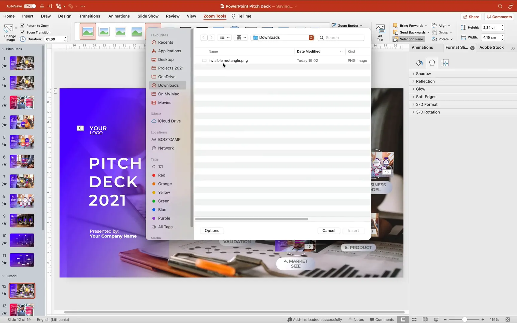 Creating invisible slide zooms with transparent image in PowerPoint