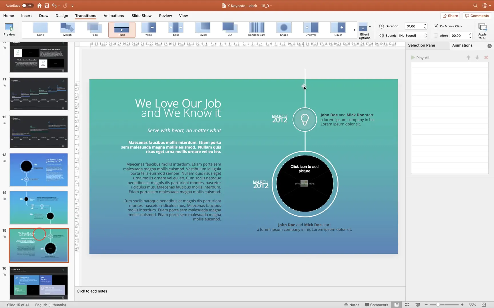 Slide transitions using switch and push effects for smooth flow