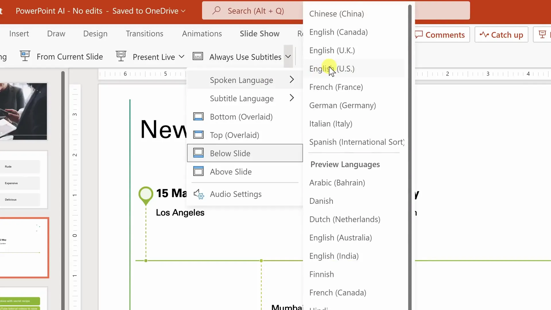 PowerPoint subtitle language selection menu