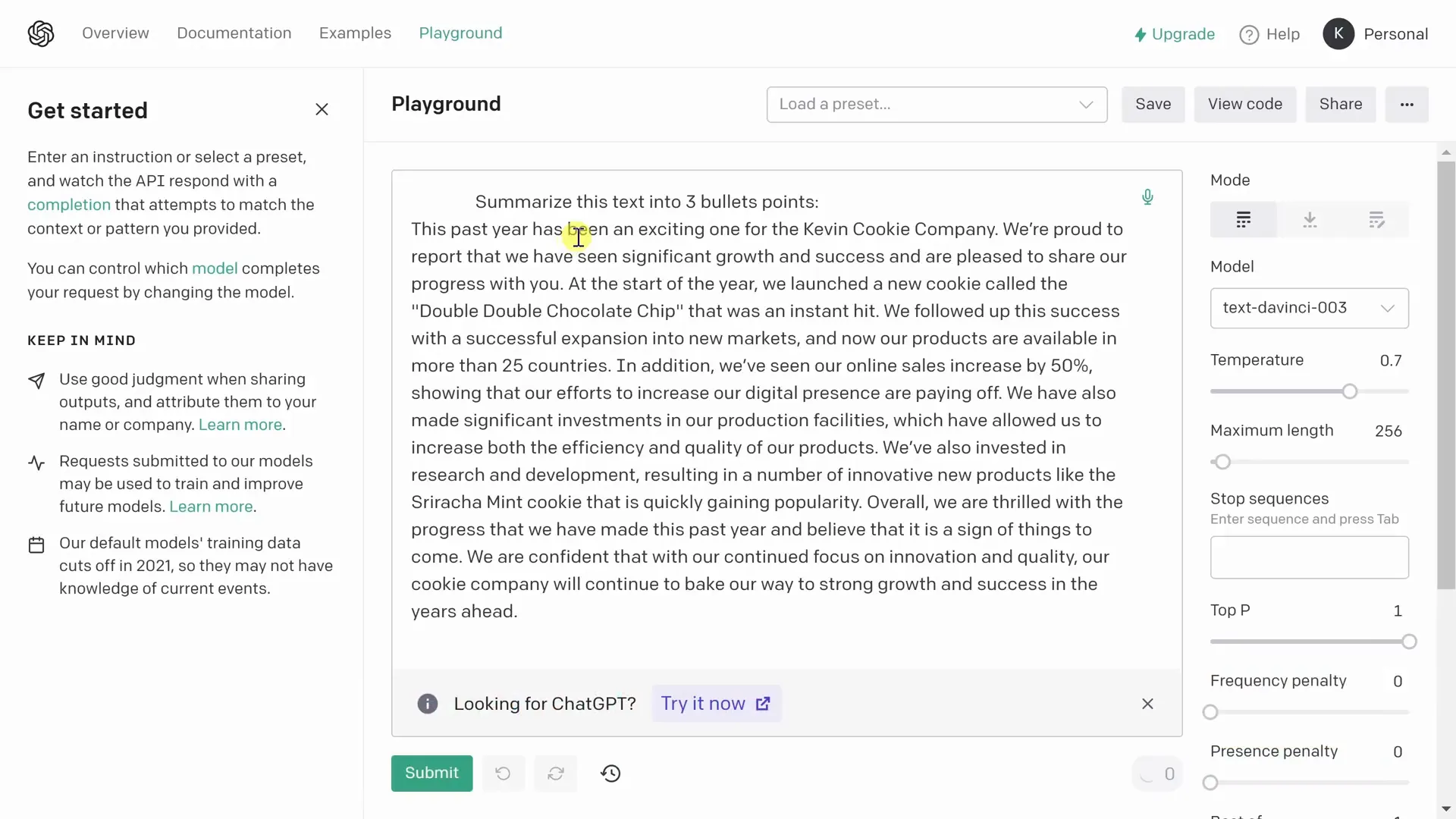 OpenAI Playground interface showing text summarization request