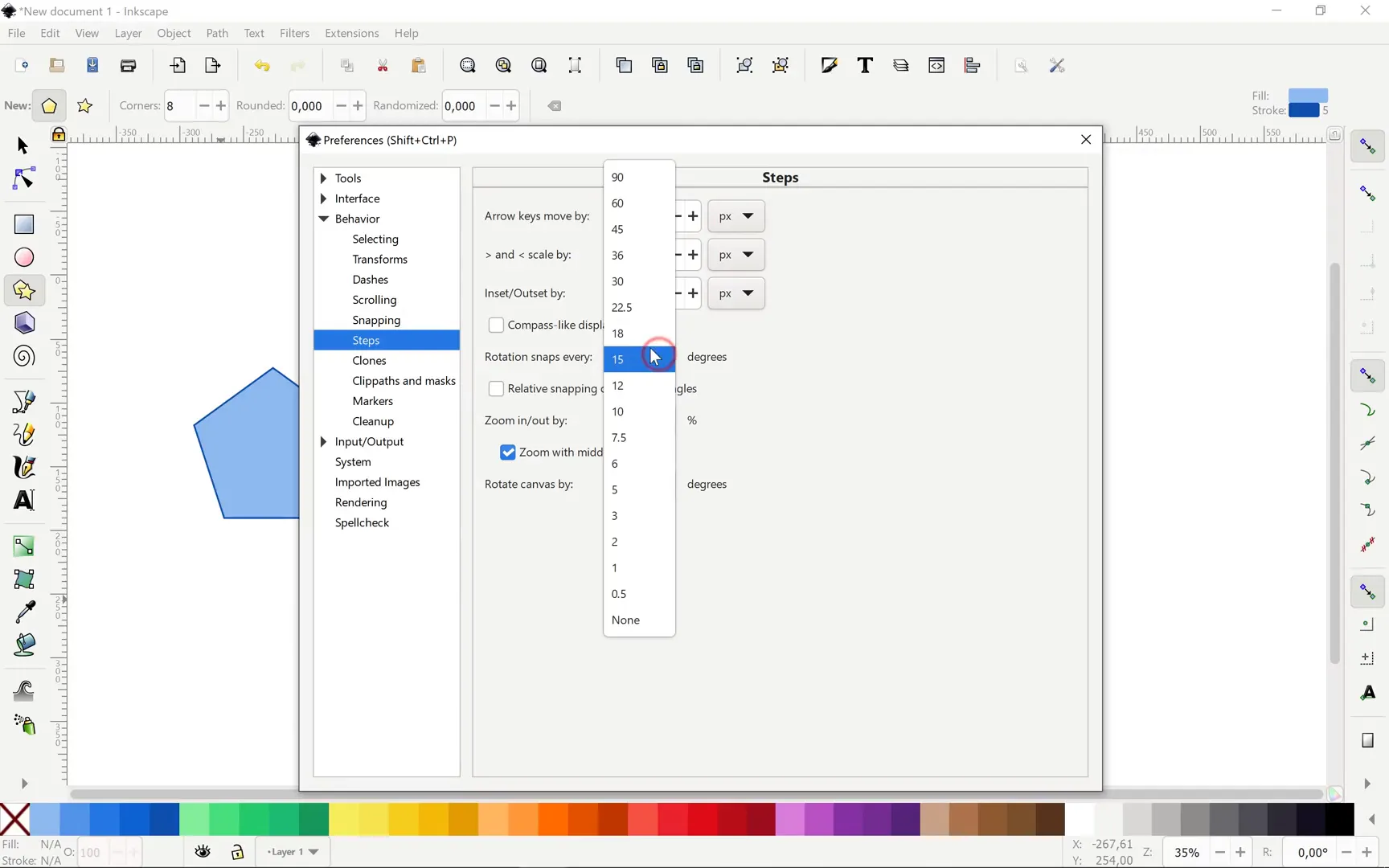 Setting rotation snapping to 22.5 degrees in Inkscape to draw octagon with flat bottom edge