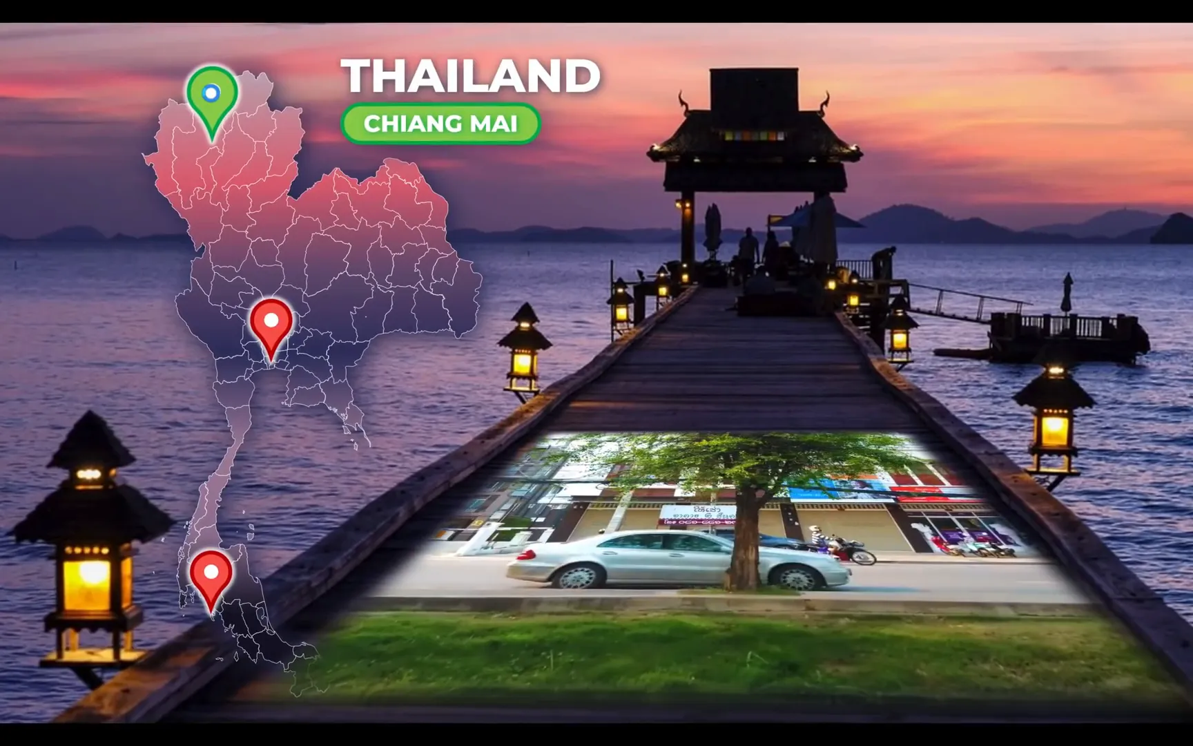 Interactive map of Thailand with city markers that turn green on mouse hover