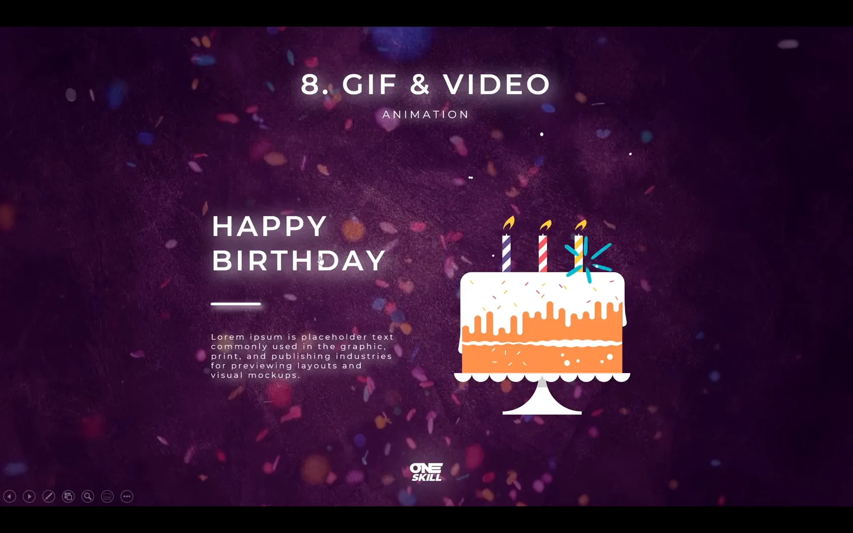 Birthday slide with GIF fireworks and video confetti overlay