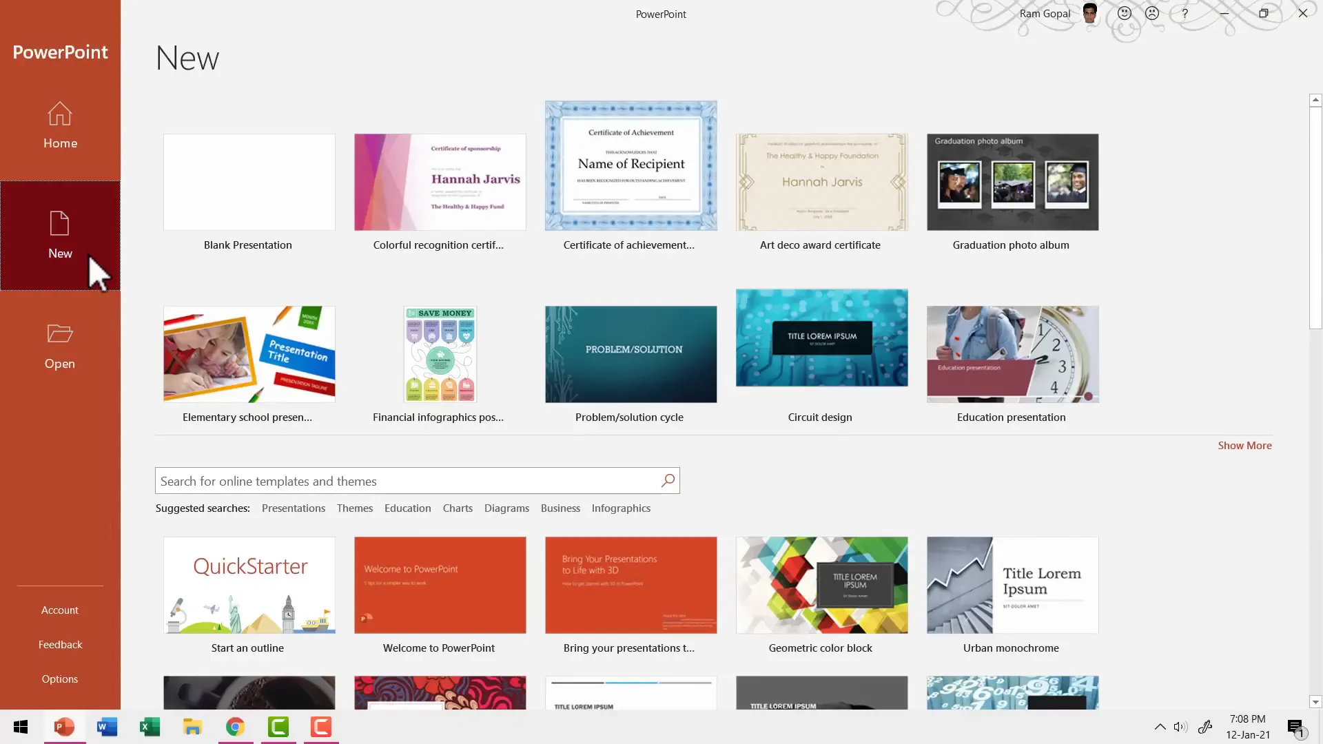 PowerPoint opening screen showing options for blank presentation, design themes, and templates