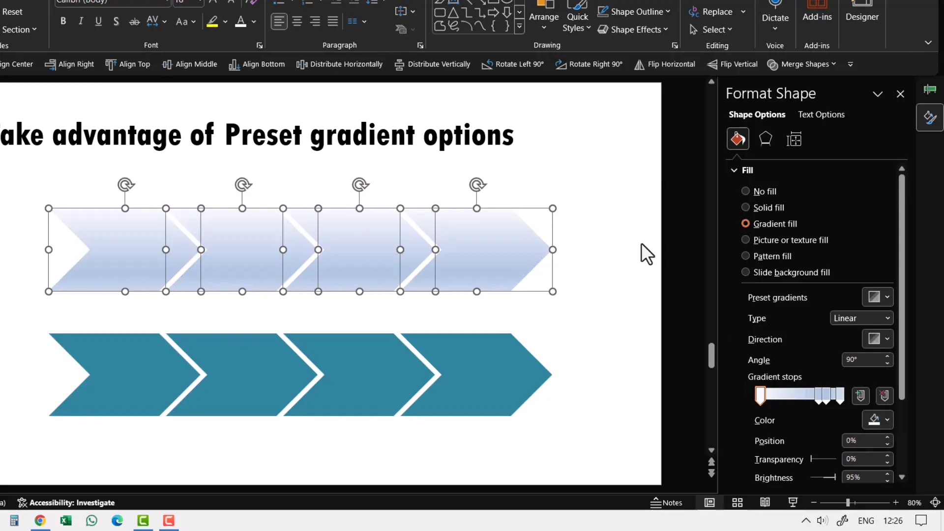 Default gradient fill options in Format Shape panel
