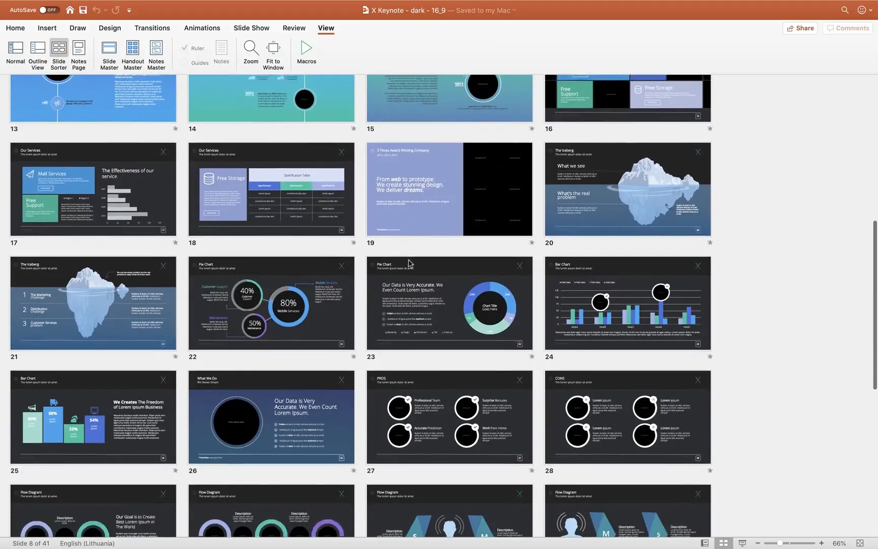 Slide sorter view displaying multiple slides of The X Note template