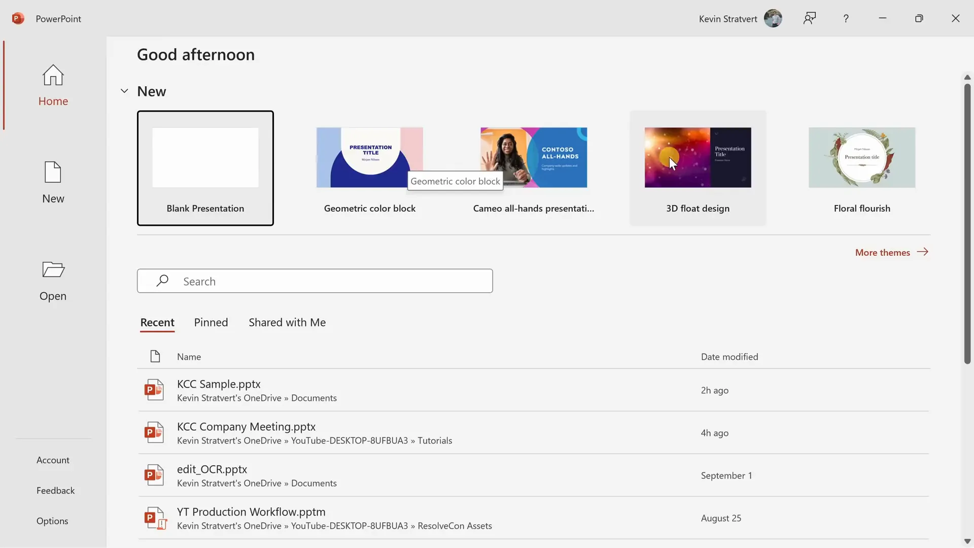 PowerPoint home screen with options for blank presentations and themes