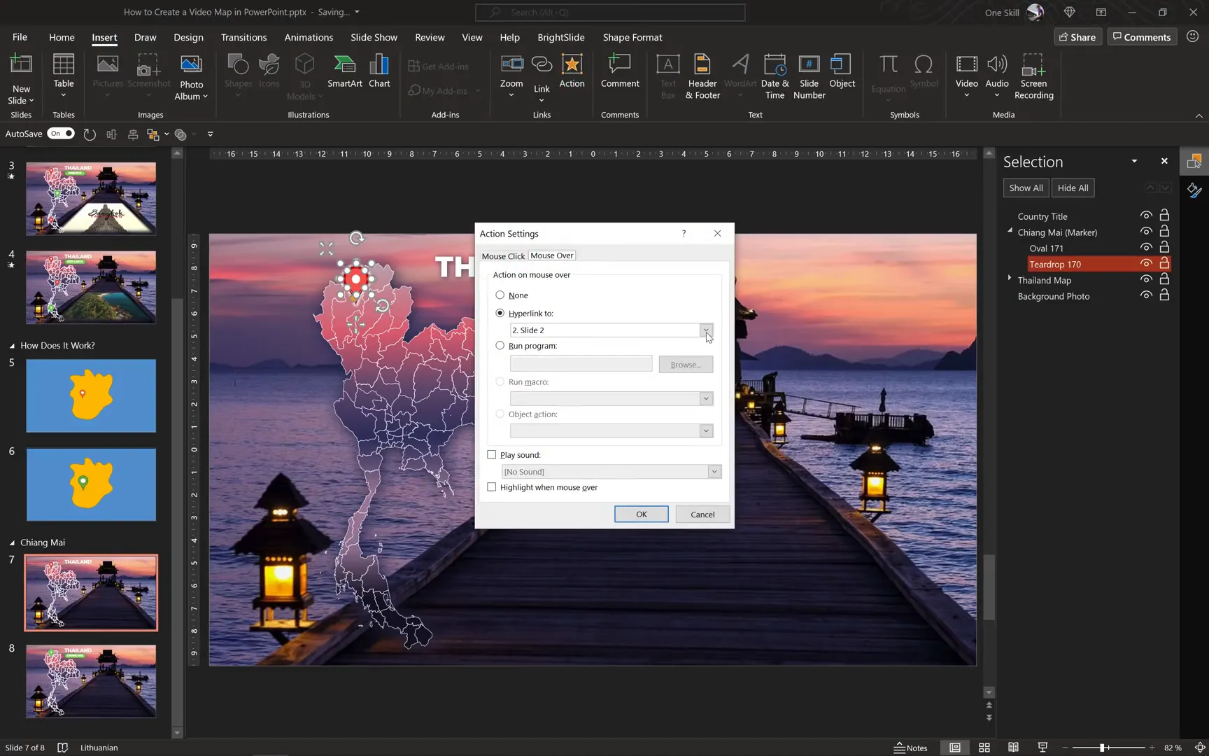 Mouse-over action settings linking orange city marker to green city marker slide