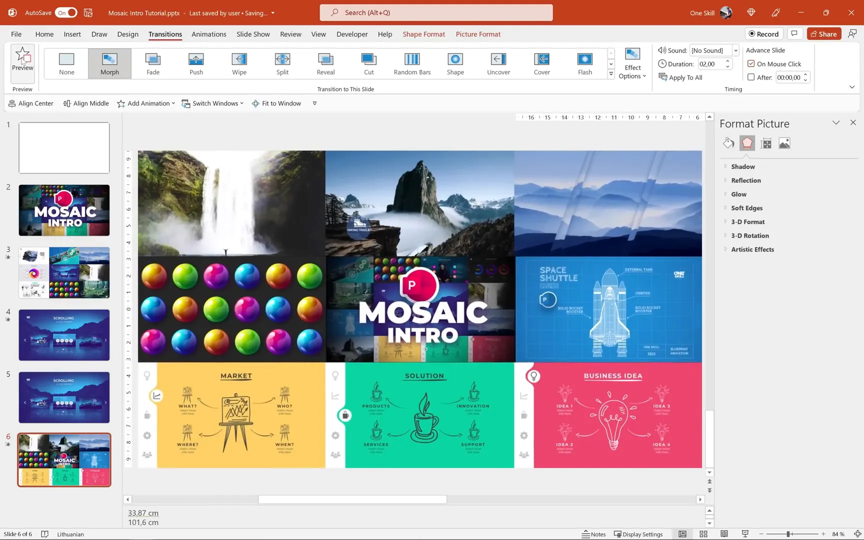 Scrolling middle row for horizontal mosaic animation