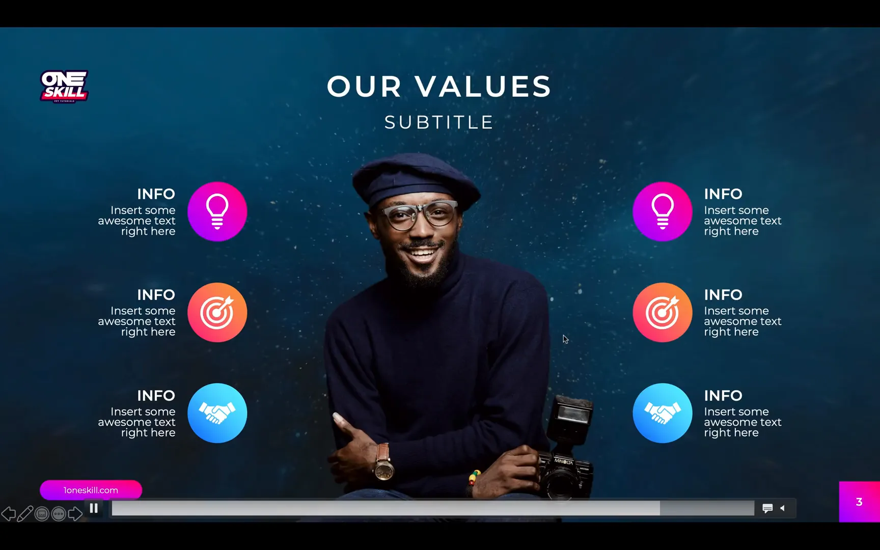 Full screen video background in PowerPoint slide with white text and subtle shadow