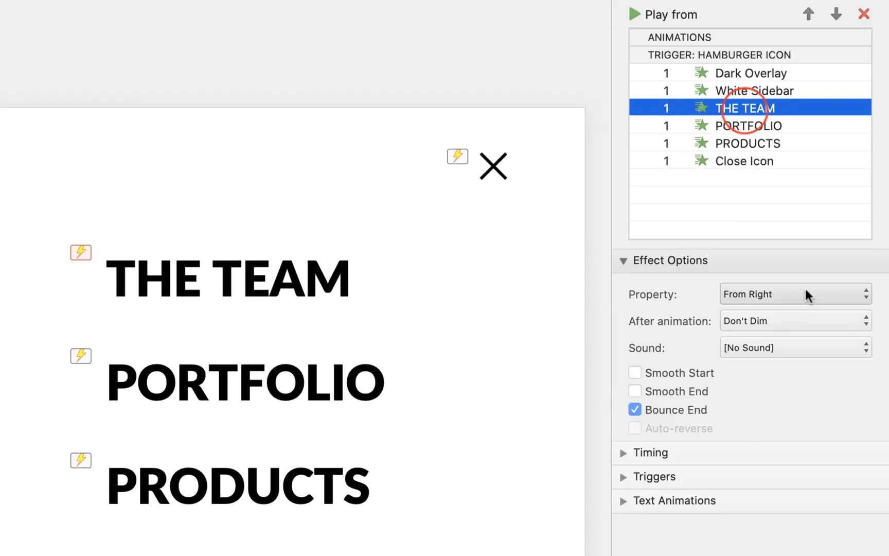 Adding bounce end effect and delays to text box animations