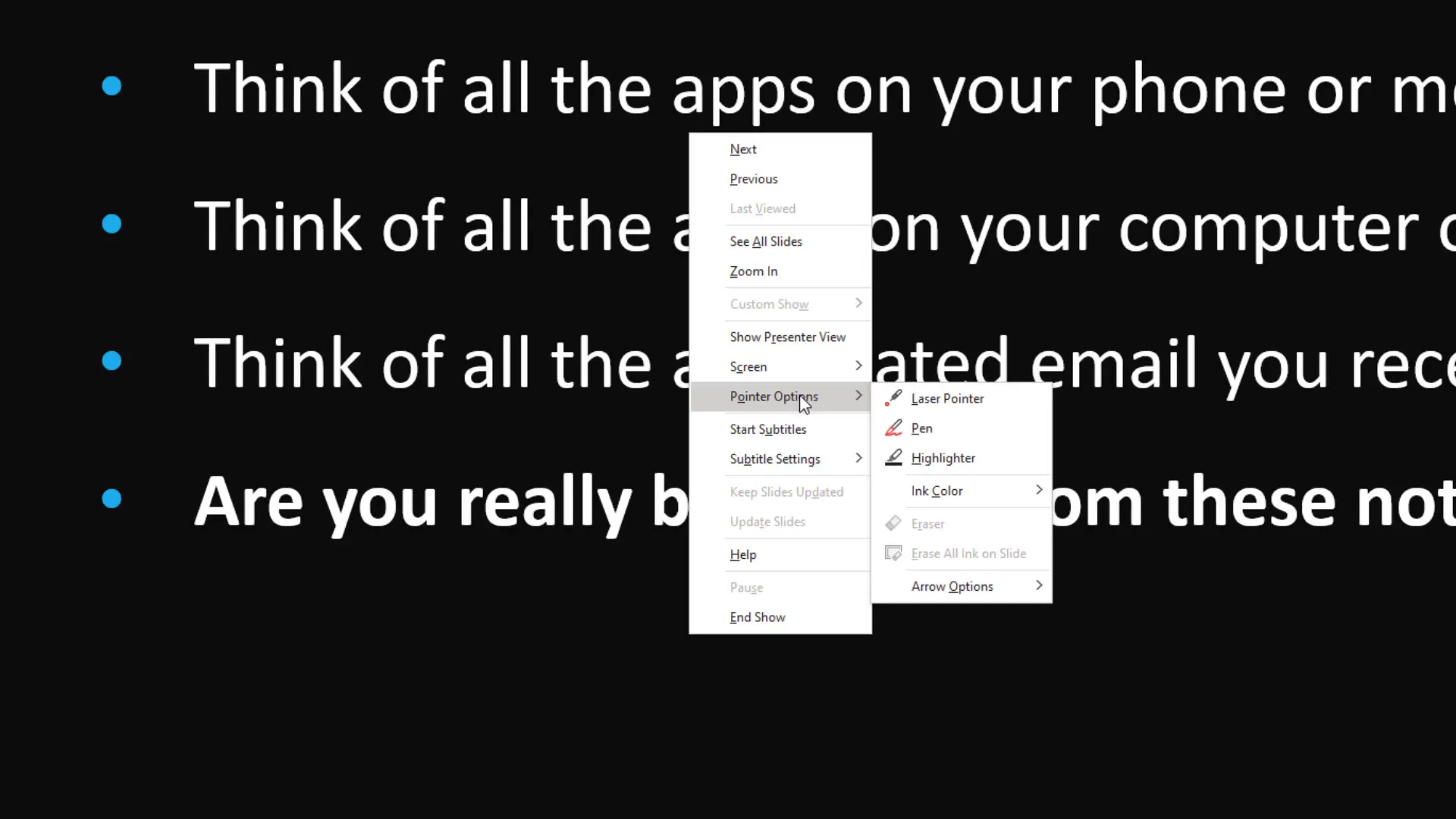 Pointer options menu in PowerPoint showing laser pointer, pen, and highlighter
