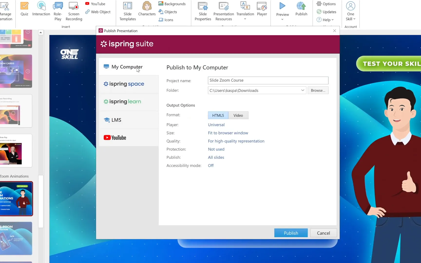 Publishing options including local, cloud, LMS, and YouTube