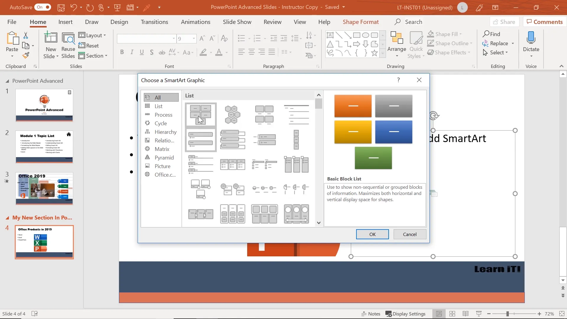 Inserting a basic block list SmartArt graphic