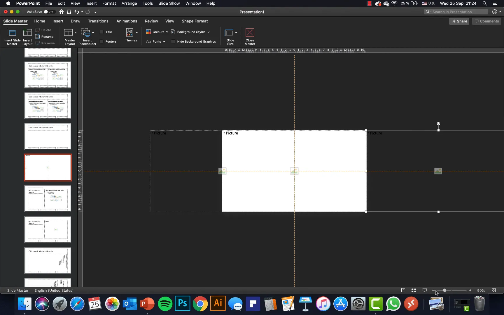 Custom slide layout with three image placeholders positioned left, center, and right