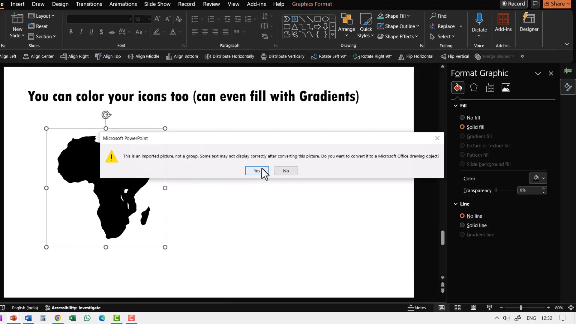 Ungrouping and regrouping icon to enable gradient fills