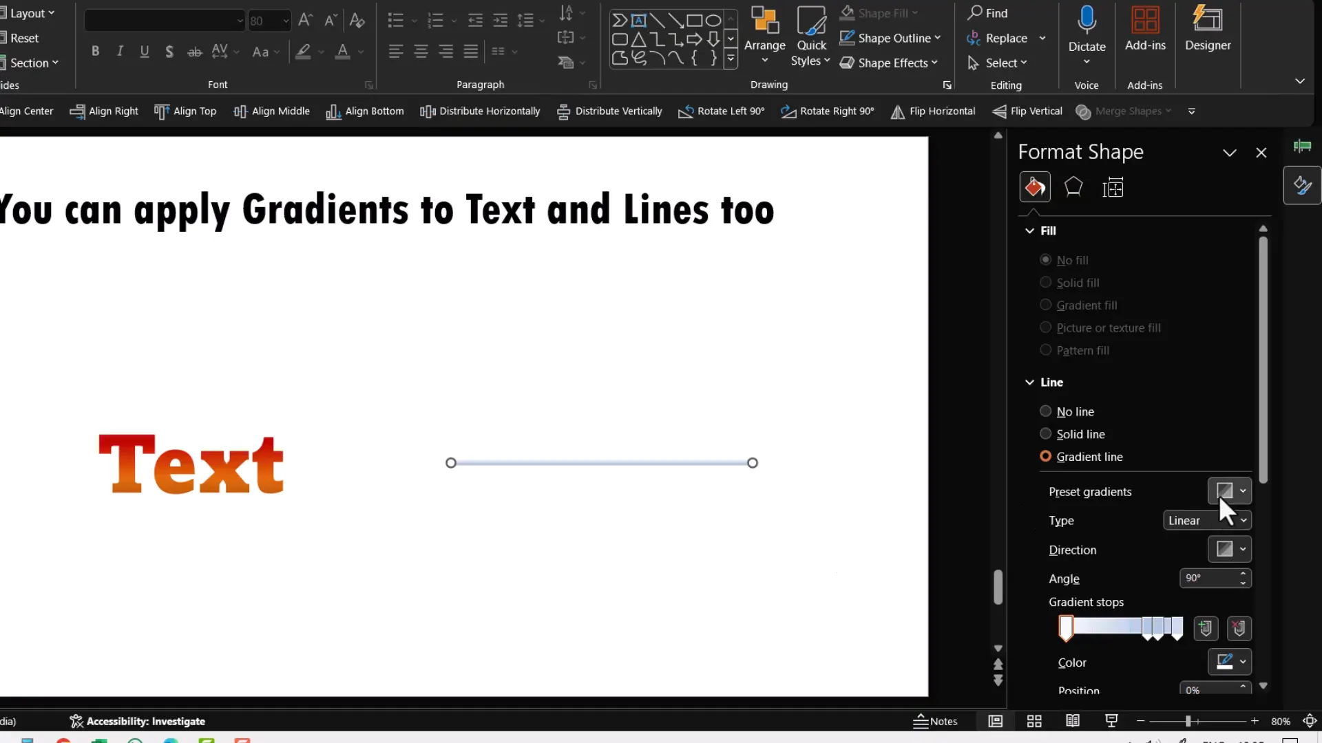 Applying gradient line formatting via Format Shape pane