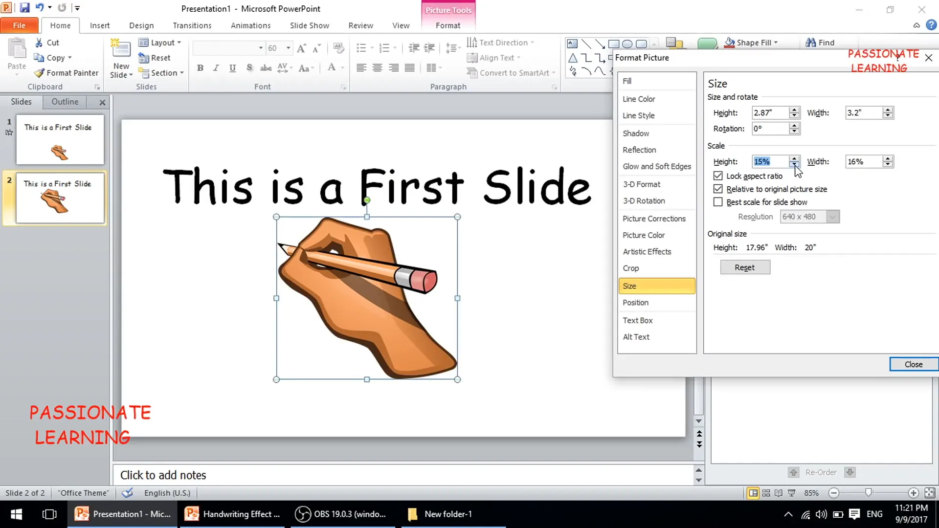 Inserting and resizing hand image for second method