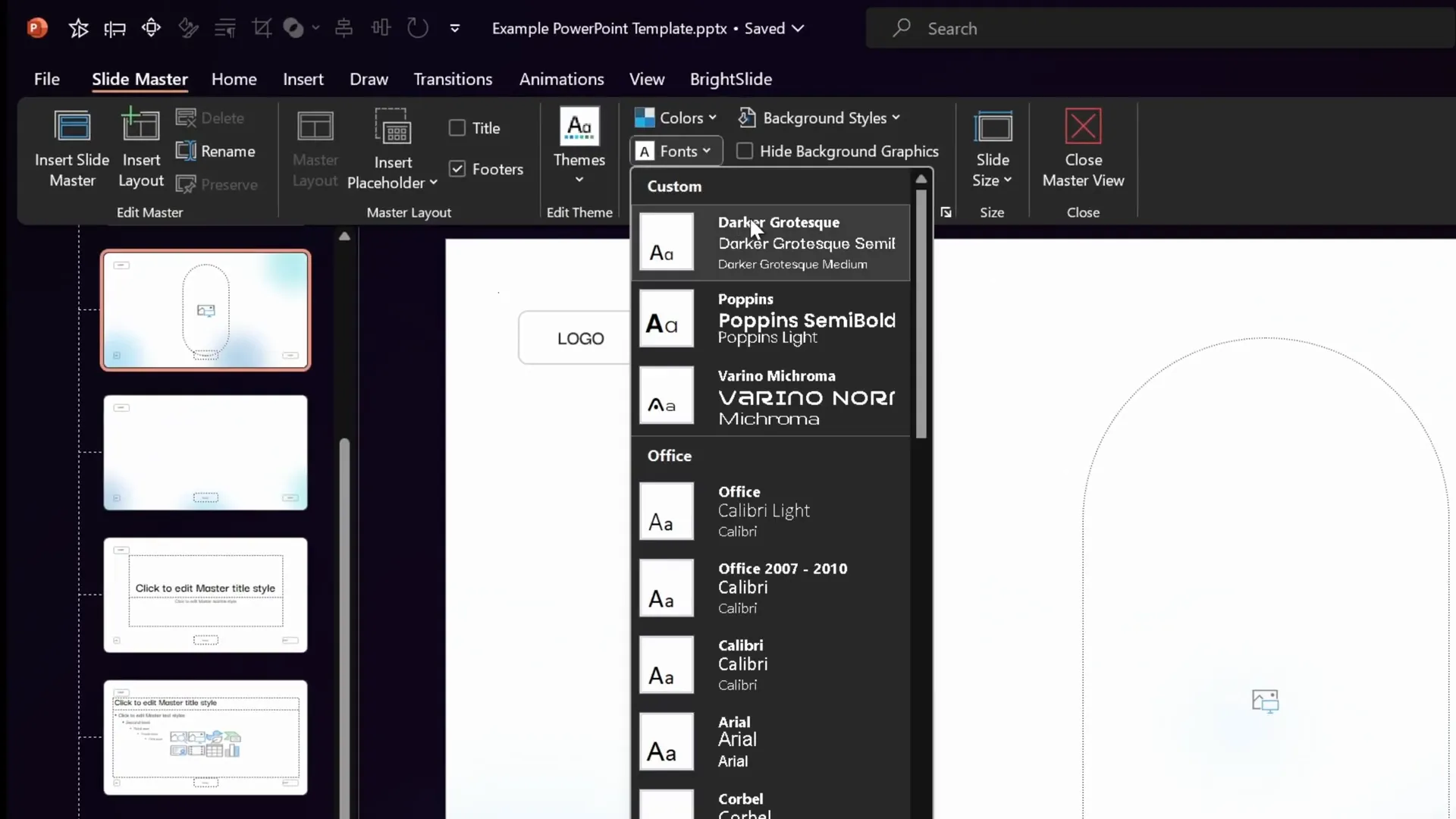 Changing font pairs in slide master view