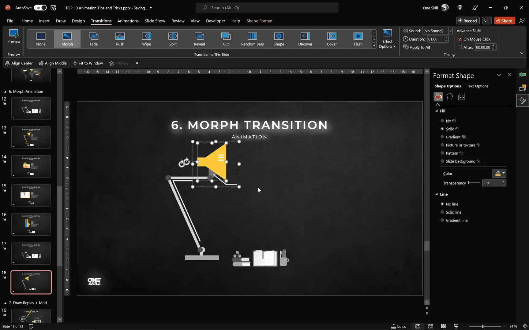 Morph transition animating lamp size and rotation