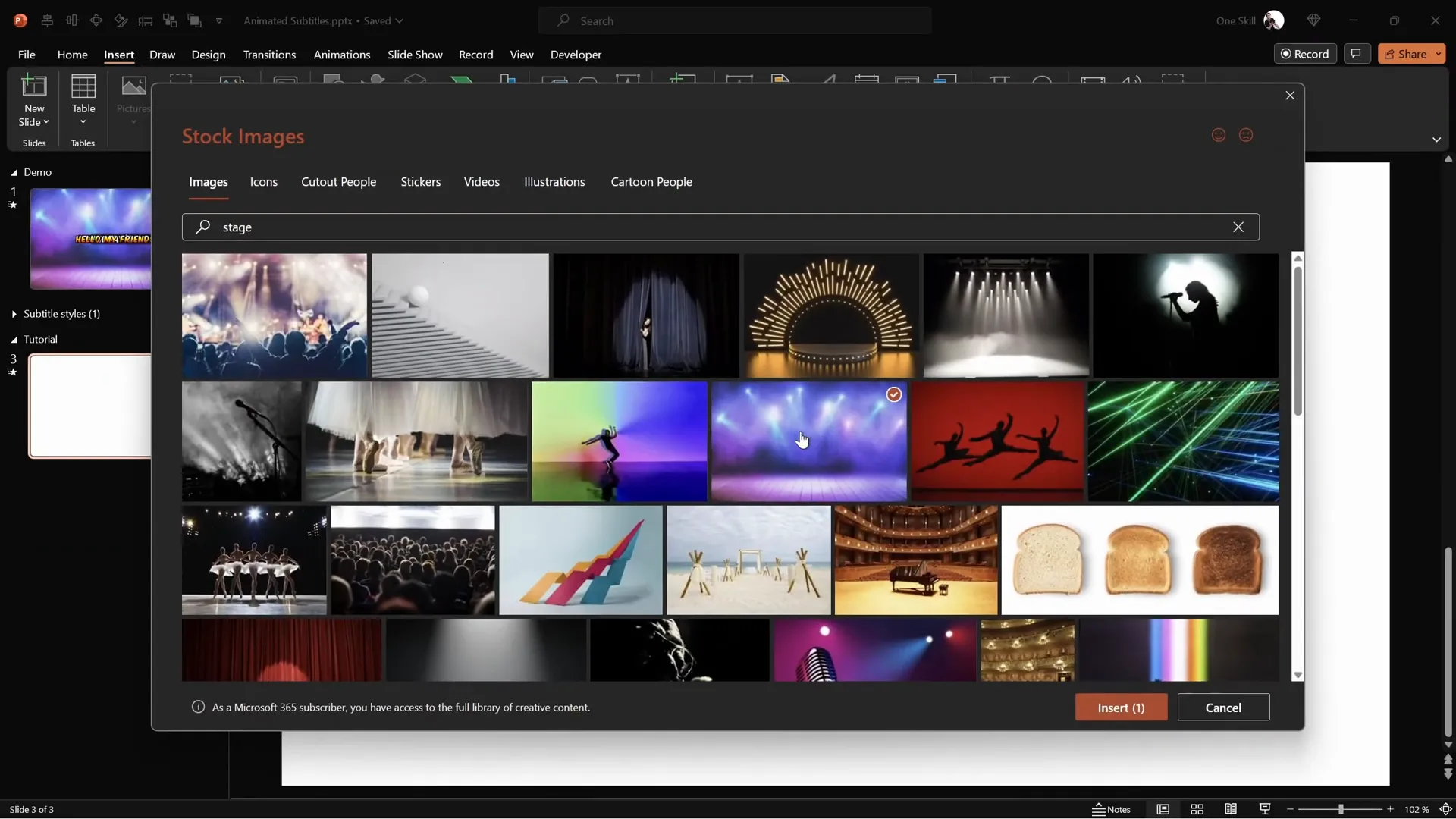 Selecting a stage picture from PowerPoint stock images as background